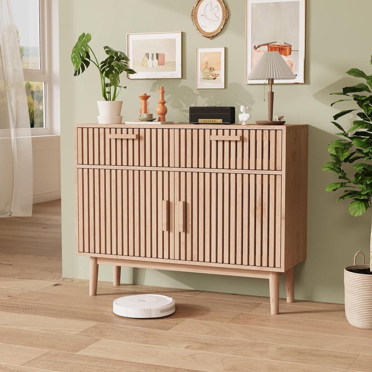 Dressoir Met Kast - Opbergkast Lades - Woonkamer Organiseren - Robotstofzuiger Compatibel - 100x35x80cm - Natuurlijk Hout