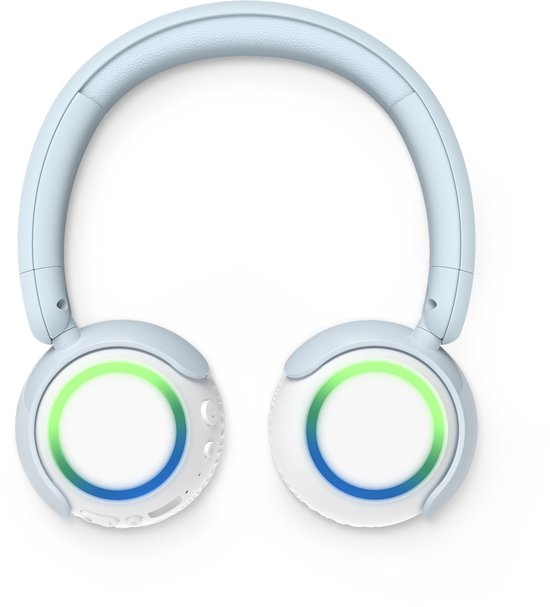 Lichtblauwe Philips koptelefoon met witte oorschelpen en verlichte cirkels, op zwarte achtergrond