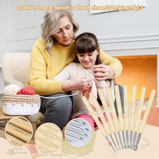 Ergonomische Haaknaalden Set voor Beginners met Bamboe Handvat, Lichtgewicht en Comfortabel voor Artrose, Inclusief Draagtas en Accessoires, Maten 2-6 mm — afbeelding 4