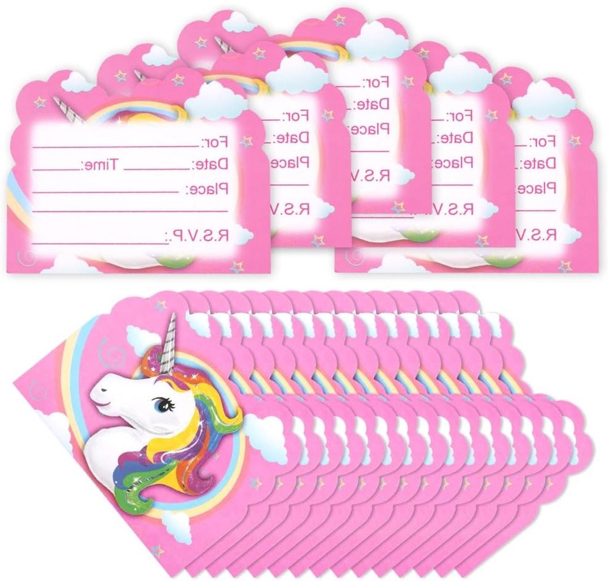 SnelShoppen - OFFCUP Kinderfeestje Uitnodigingen - 20 Stuks Verjaardagsfeestje Kaarten - Eenhoorn Thema - Hoogwaardig Gecoat Papier - Feestuitnodiging