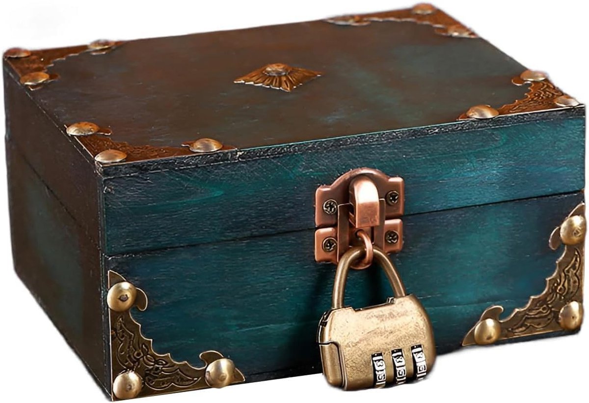 Vintage Houten Schatkist met Combinatieslot voor Opslag en Decoratie, Piratenbox, 15 x 7,5 x 12 cm, Groene Houten Opbergdoos voor Sieraden en Cadeaus