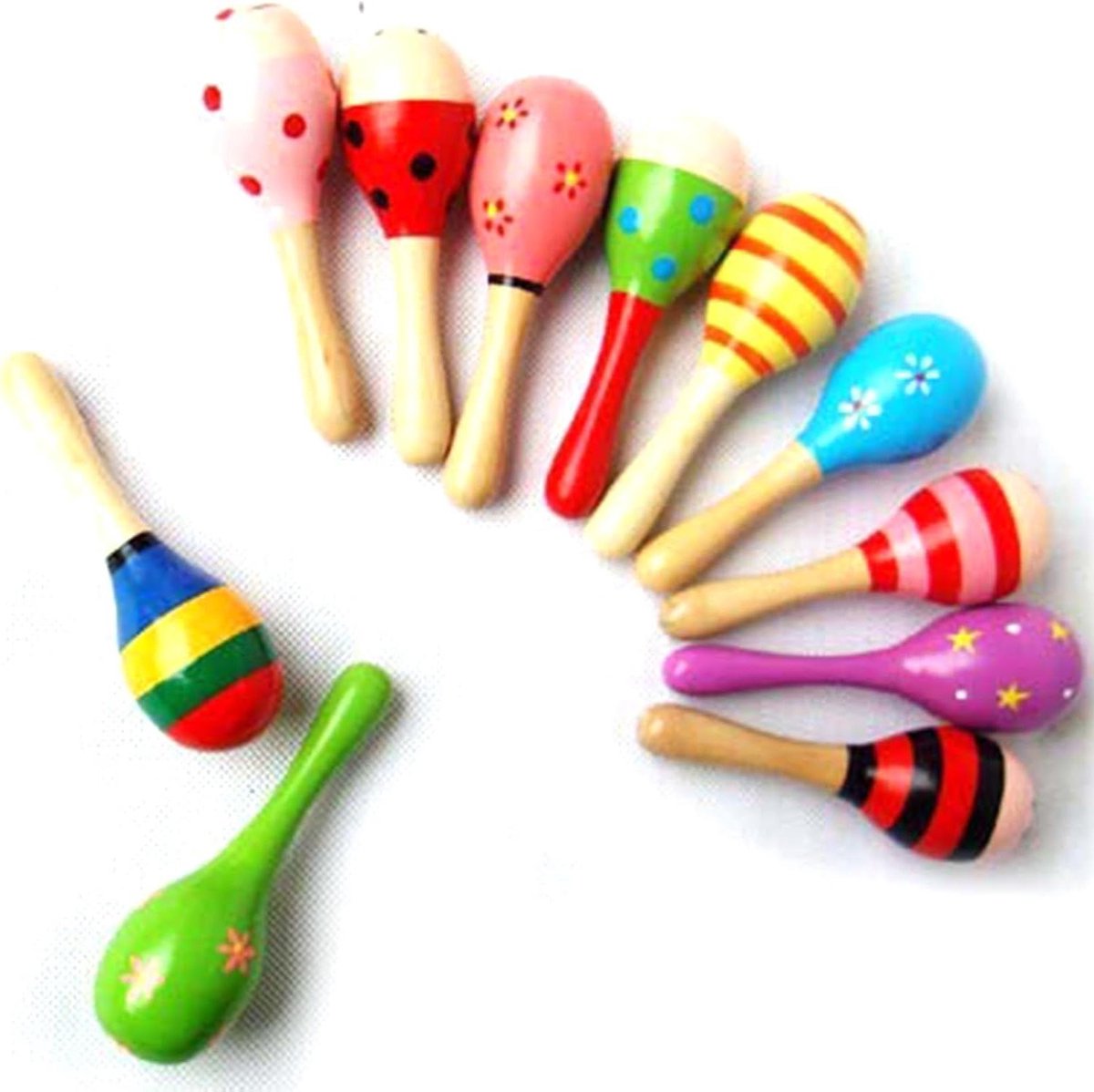 Houten Maraca - Rammelaar Speelgoed - Baby Ontwikkeling - Veilig Massief Hout - 12 cm Lengte - Kleurrijk