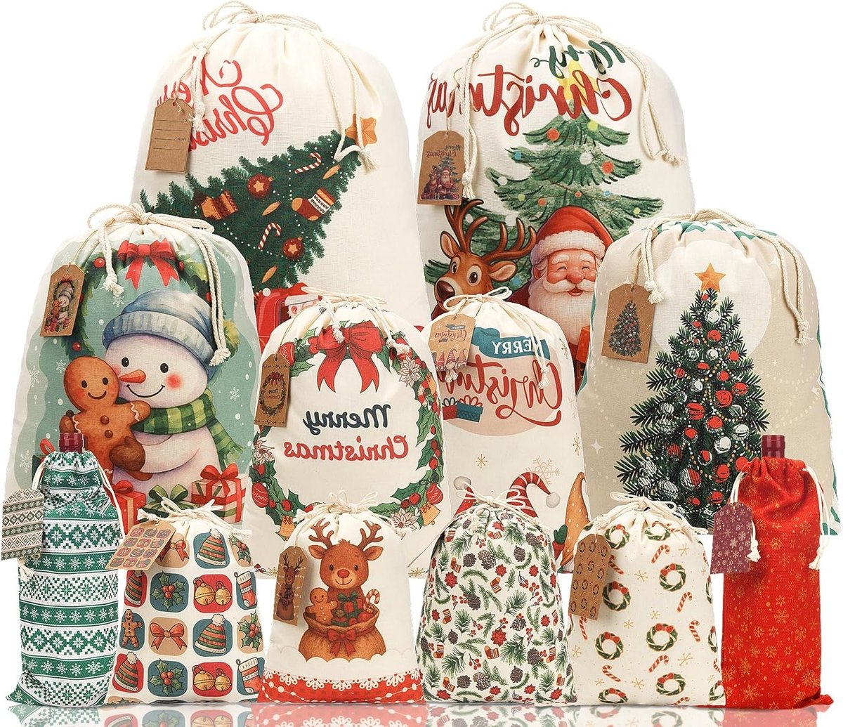 Kerst Canvas Trekkoord Geschenkzakjes, 12 Stuks Herbruikbare Zakken in Diverse Maten met Gift Tags voor Feestelijke Decoraties en Cadeauverpakkingen