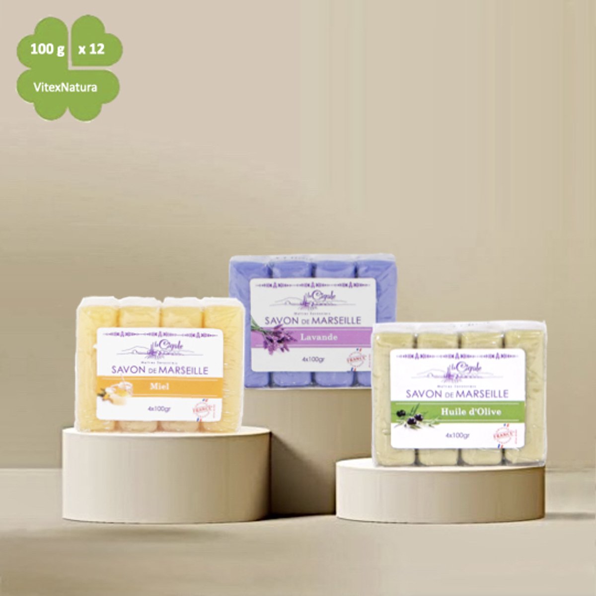 Marseille zeep Glycerine Olijf olie zeep 4x100g, glycerine lavendel zeep 4x100g, glycerine honing zeep 4x100g.