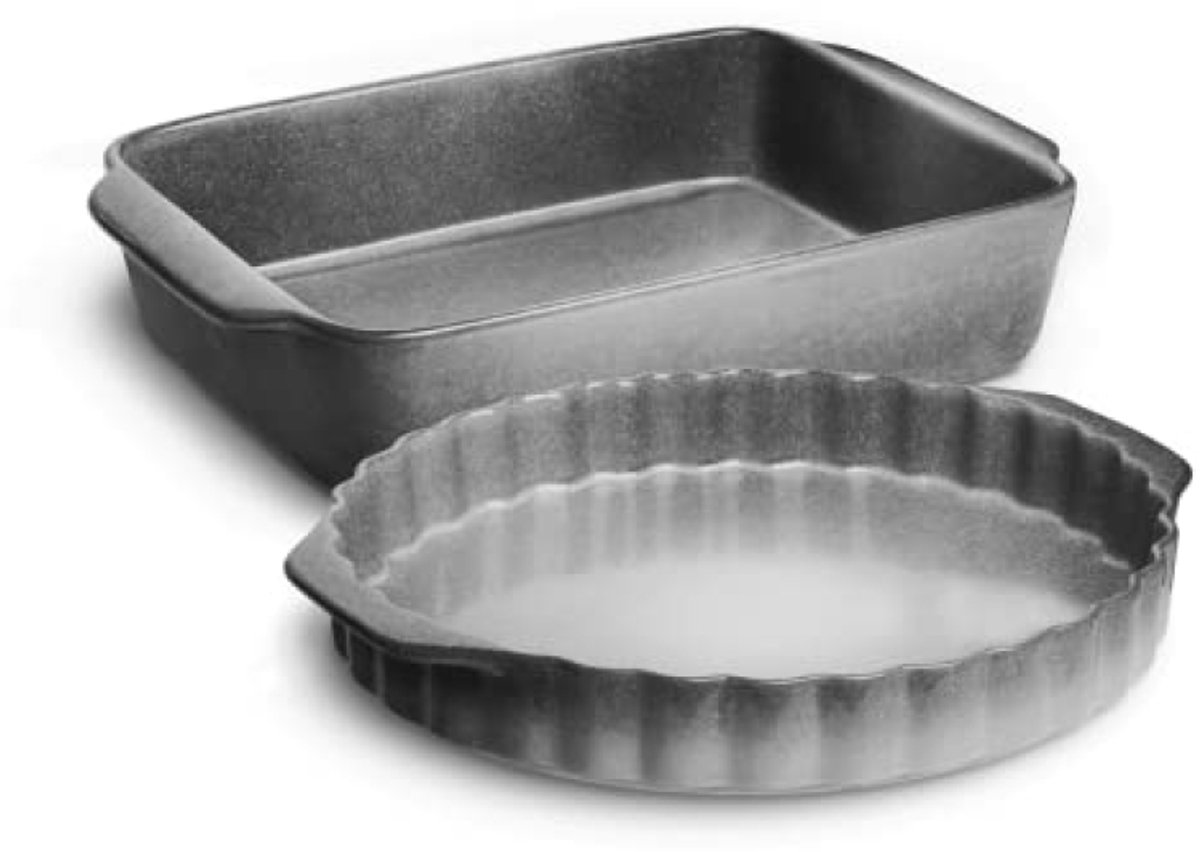 Ovenschotel- en taartvorm Misty Cliff Set 2-delig groot grijs handgemaakt aardewerk