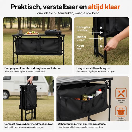 HomeGoodies Campingkeuken - Kampeerkeuken - Campingkast - Buitenkeuken - Opvouwbaar - 3 Verstelbare Hoogtes - Met Opbergvakken van Homegoodies — afbeelding 2