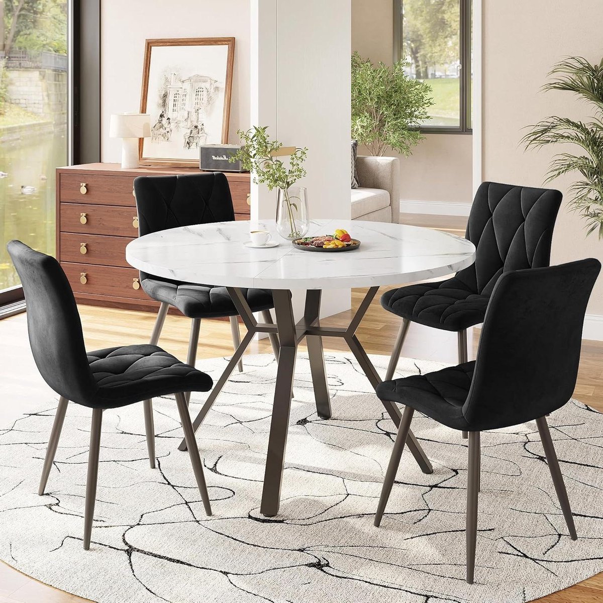 Eettafel Stoelenset - Eetkamer Set - Samen Eten - Marmerlook Tafelblad - 100x100x75cm - Zw