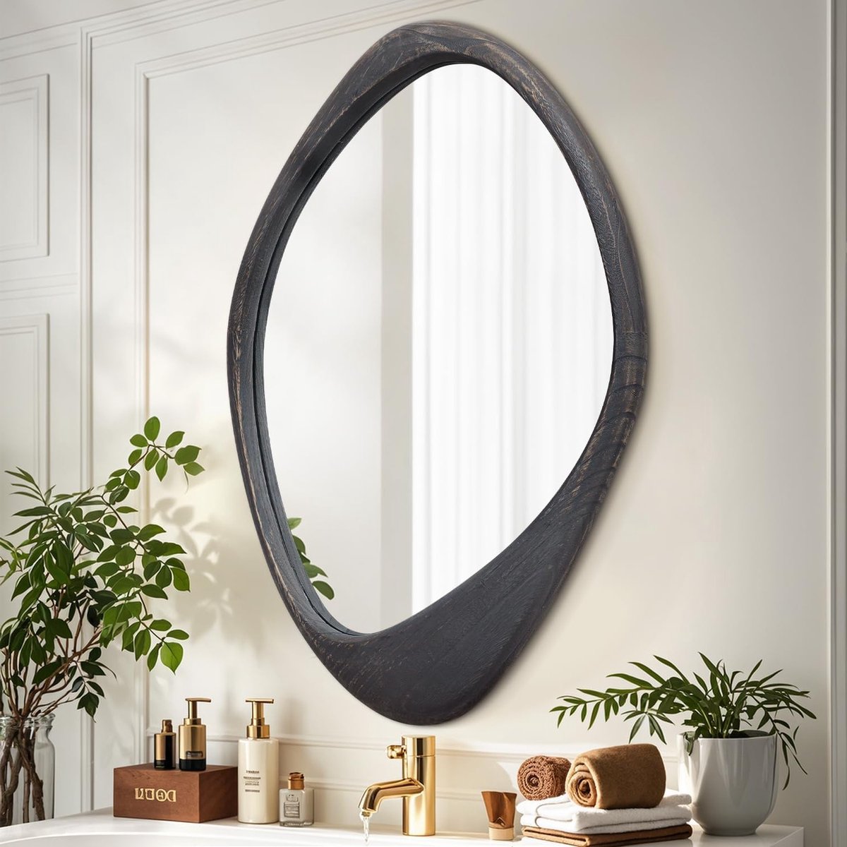 Grote Onregelmatige Wandspiegel met Houten Frame 60x40cm - Vintage Asymmetrische Hangspiegel voor Badkamer, Slaapkamer en Woonkamer