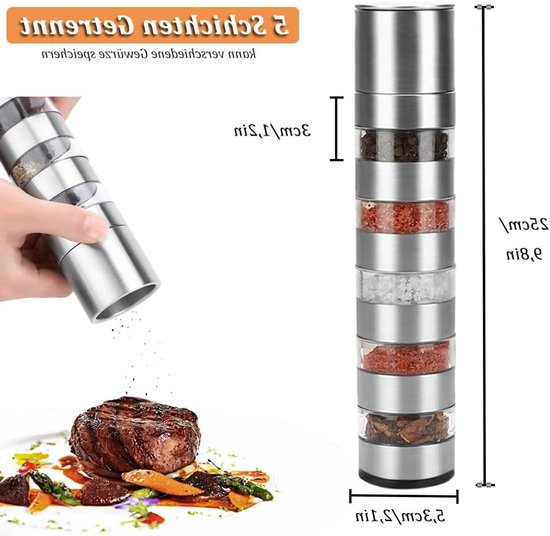 Verstelbare 5-in-1 Handmatige Molen voor Zout, Peper, Chili en Diverse Specerijen met Instelbare Maalgraad — afbeelding 2