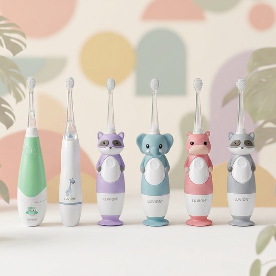 Set van zes Luvion elektrische tandenborstels in dierenvormen: groen, wit, paars, blauw, roze en grijs.
