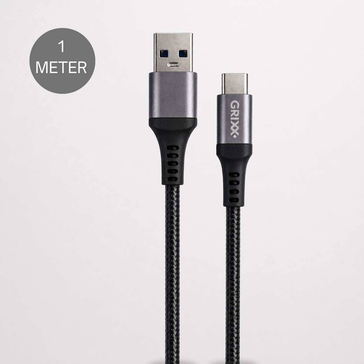 Grixx USB-C naar USB-A Kabel - Gevlochten - 1 meter - Zwart