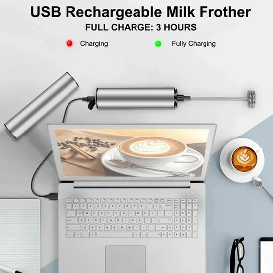 Elektrische melkopschuimer, oplaadbaar, USB-interface, mini handmixer met dubbele mengkoppen, roestvrijstalen mixer. van Merkloos — afbeelding 2
