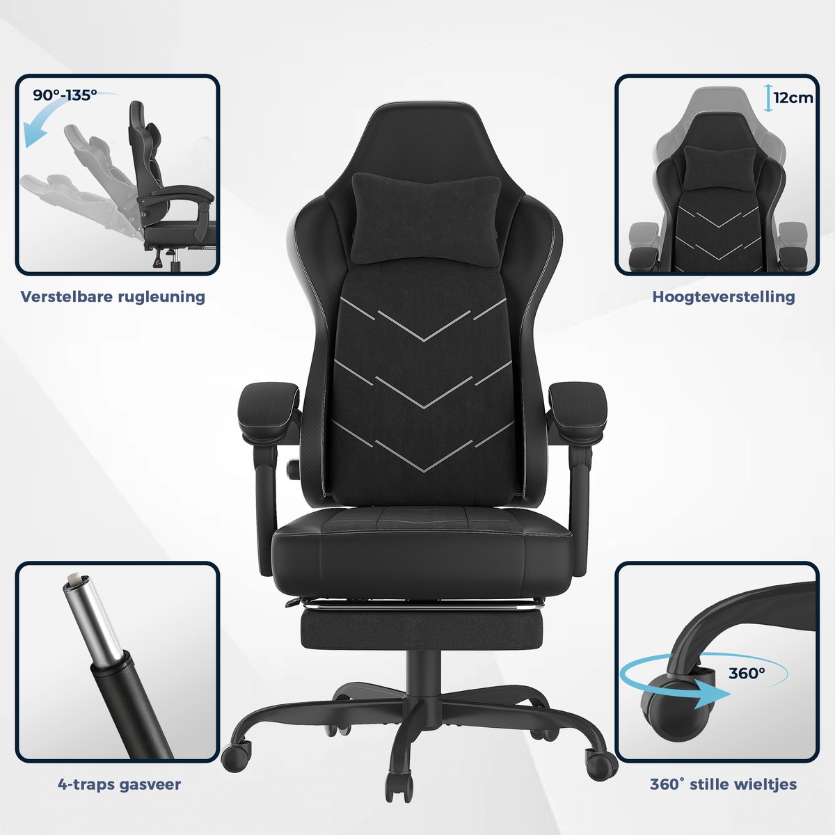 Devoko Game Stoel - Ergonomische Gamestoel - Unieke zijde - katoen stof - Individuele veerkern - Gaming chair met Uitschuifbare Voetensteun-Bureaustoel met hoofdsteun en lendensteun- 150 kg - Zwart – foto 8