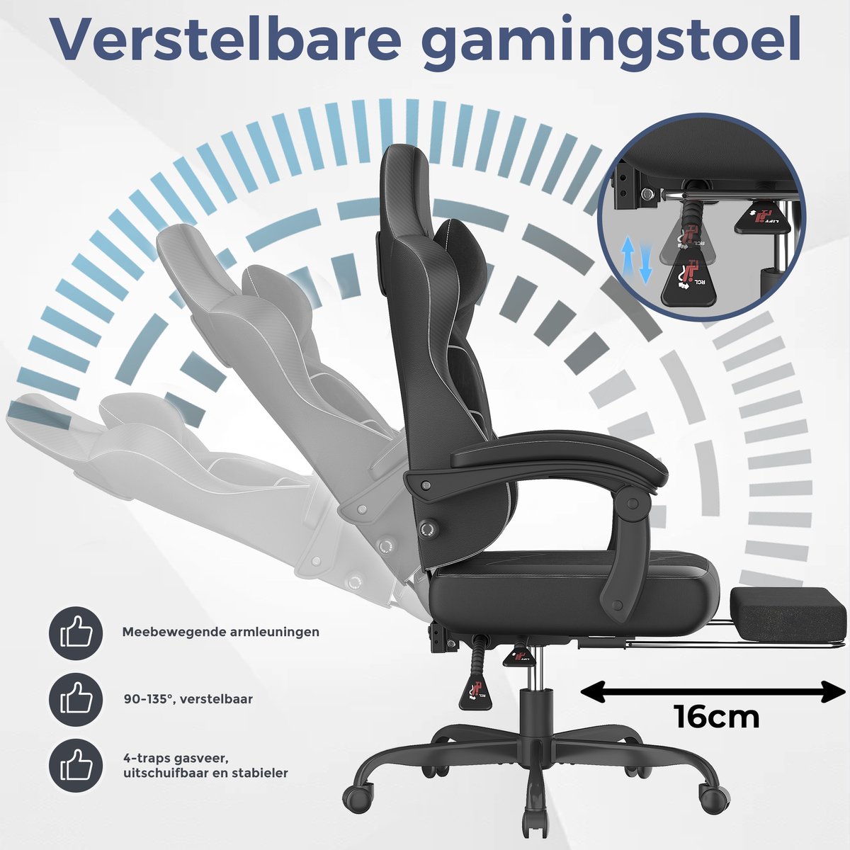 Devoko Game Stoel - Ergonomische Gamestoel - Unieke zijde - katoen stof - Individuele veerkern - Gaming chair met Uitschuifbare Voetensteun-Bureaustoel met hoofdsteun en lendensteun- 150 kg - Zwart – foto 5