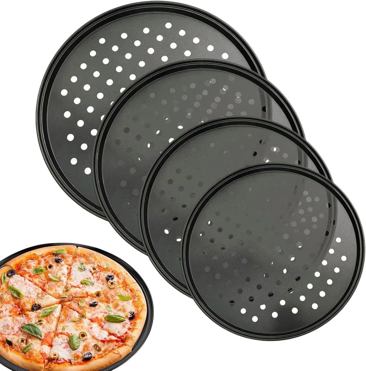 Pizzablikken Set - Bakplaten - Pizza Bakken - Geperforeerd Ontwerp - 4 Stuks - Zwart