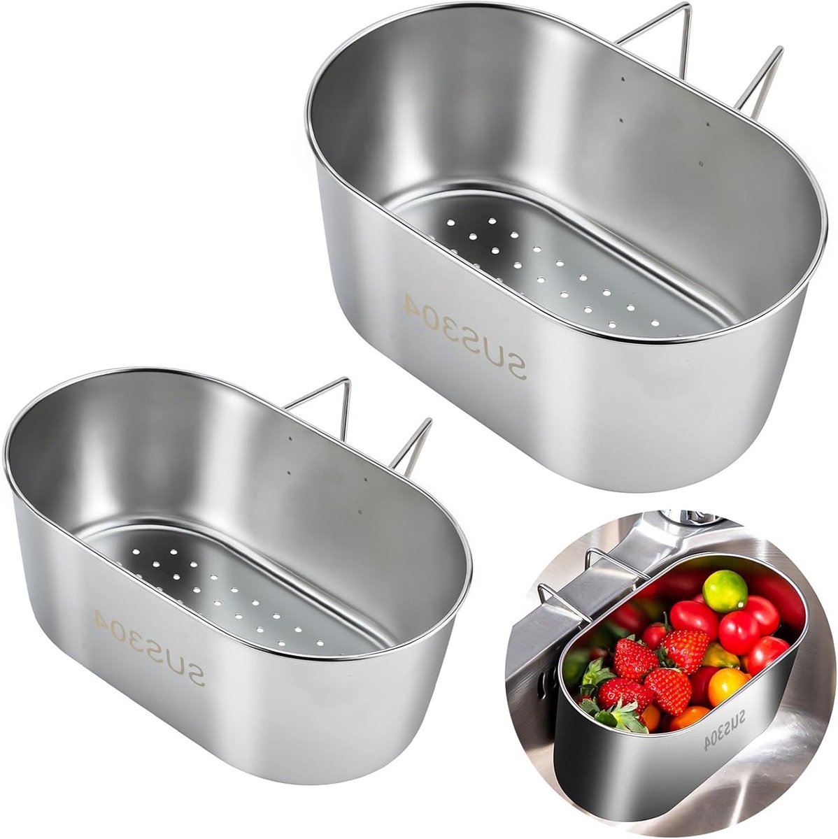 RVS Afvoer Organiser Set van 2, Keuken Caddy voor Groenten en Fruit, Strainer en Drainer voor de Wasbak