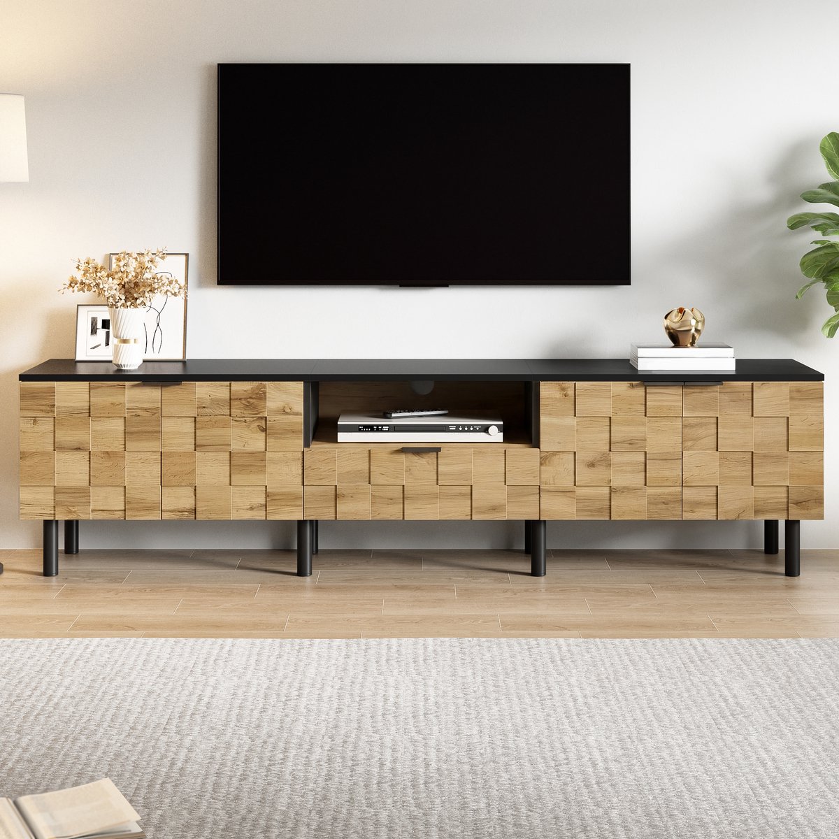 VVBV TV Lowboard met Lades, Open Vakken - Voor Woonkamer, Voor Hal/Entree, Verstelbaar - Hout/Metaal Natural