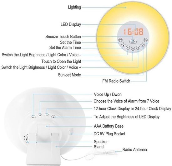 Wekker met Licht - Digitale Klok Nachtlampje - Rustig Wakker Worden - Zonsopgang Simulatie - 18 Centimeter - A — afbeelding 4