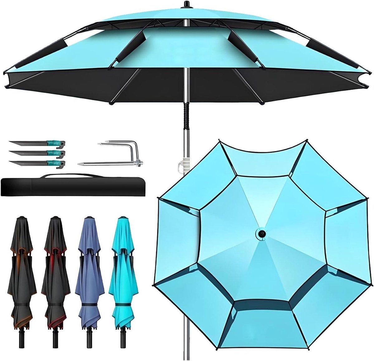 Strandparasol UV-bescherming - Opvouwbare parasol Verstelbaar zonnescherm - Buiten ontspannen - Kantelfunctie 360 graden - 2.0 meter - Cyaan