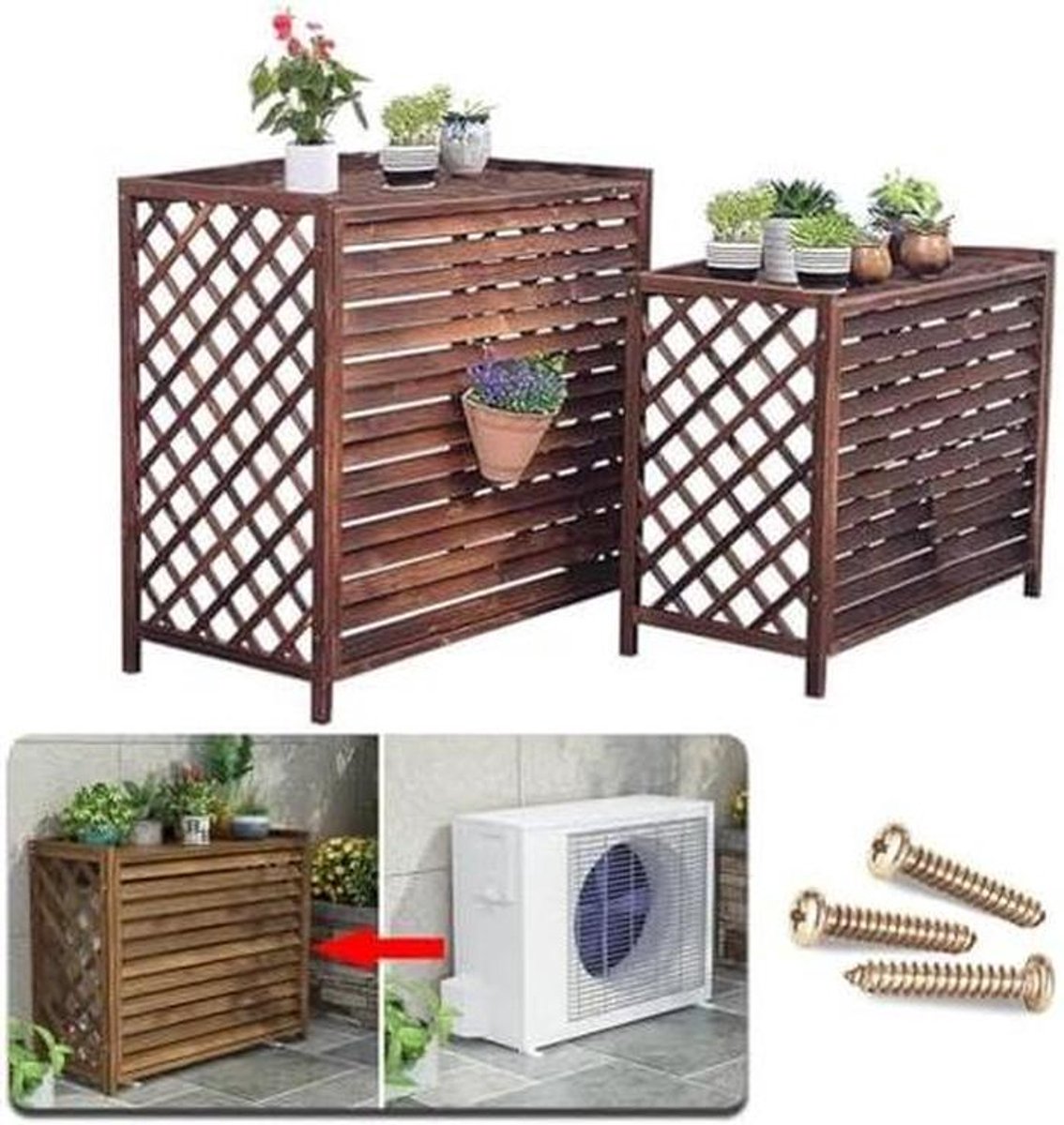 Airco Afdekking - Houten Scherm - Tuin Decoratie - Geluidsdempend Ontwerp - Massief Hout - Gecarboniseerd