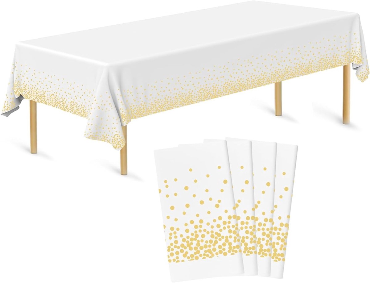 Set van 4 Wegwerp Tafelkleden 137 x 274 cm, Plastic Tafelbedekking, Gouden en Witte Kleure