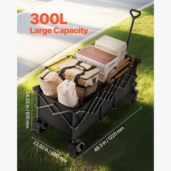Opvouwbare campingkar 300 liter met grote all-terrain PVC wielen - inklapbare strandkar tuinkar handkar bolderkar - Q235 stalen frame met 600D Oxford PE coating - maximaal 450 lbs draagvermogen - verlengde achterklep - compact opvouwbaar — afbeelding 2