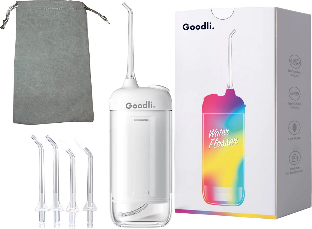 Goodli Elektrische Waterflosser Draadloos - Wit - Monddouche met 4 Standen - IPX8 Waterdicht - 60 Dagen Batterij - Tandplak Verwijderaar voor Tanden en Beugels