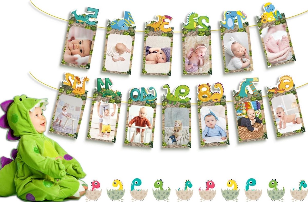 Dinosaurus eerste verjaardag decoraties - Foto banner en maandelijkse mijlpaal rekwisieten voor een safari dino-thema feestje