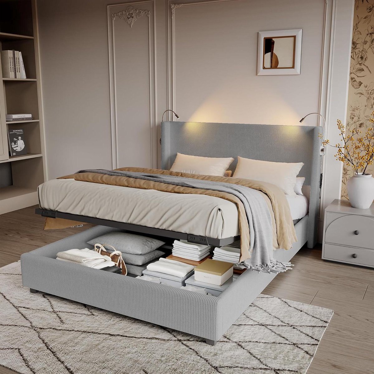 Gestoffeerd Bed - Bedframe met Opbergruimte - Comfortabel Slapen - Ingebouwd Leeslicht USB - 140 x 200 cm - Grijs
