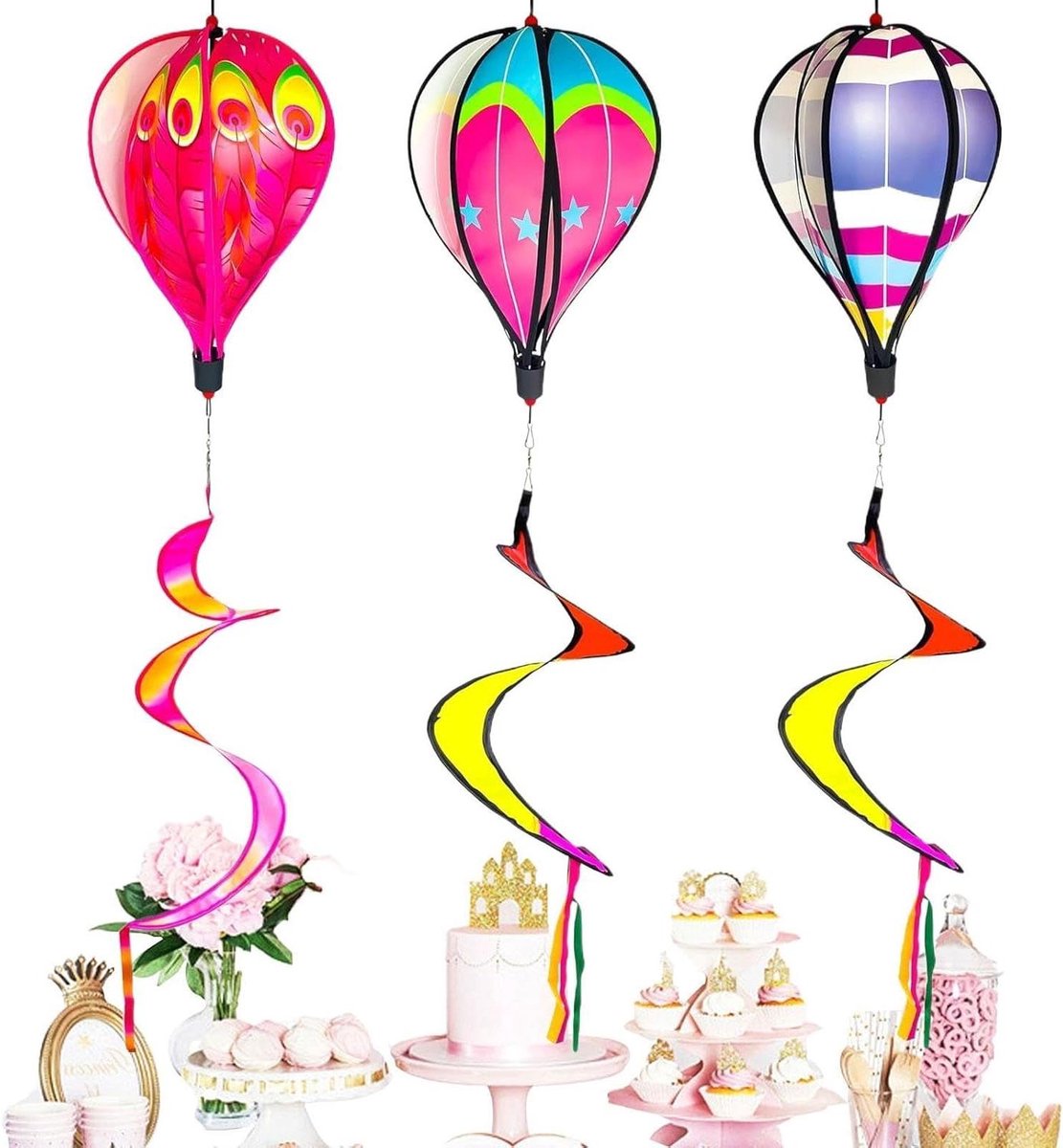 Heteluchtballon Windspinner - Draaiende Decoratie - Tuin Versieren - Regenboog Kleuren - 3-delig Set - Meerkleurig