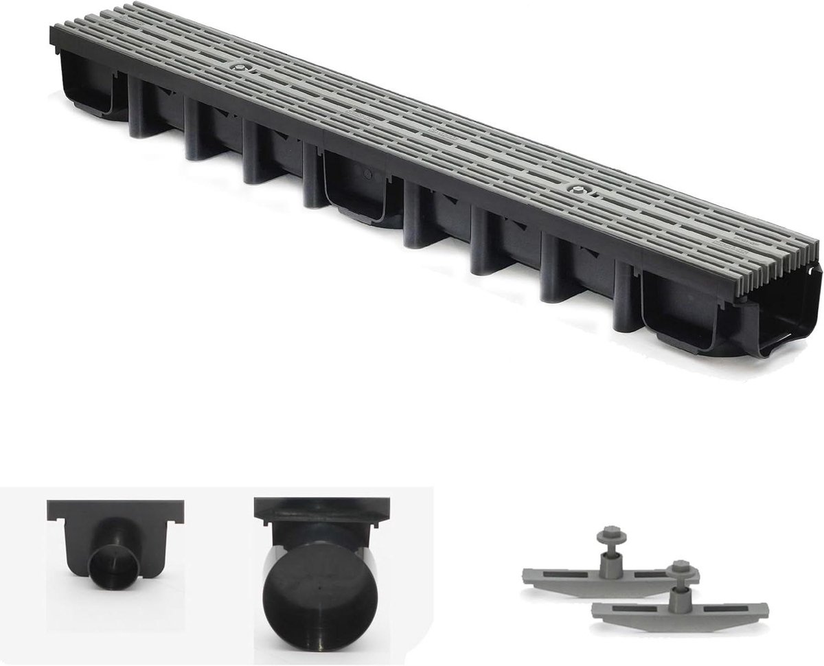 Afvoergoot Set - Vloergoot Regenwater - Waterafvoer Tuin - Complete Installatieset - 1 Meter Lengte - Grijs Rooster