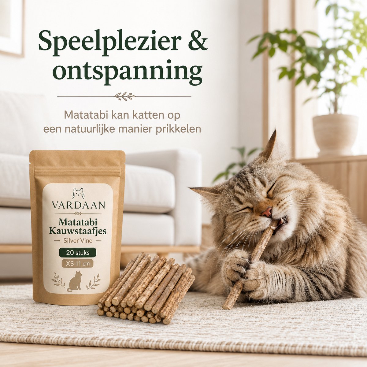 Vardaan Matatabi Kauwstaafjes Katten Kitten 20 Stuks - Silver Vine Silvervine Sticks - Catnip Effect Kattenkruid - Kattenspeelgoed - Kattensnack Kauwstaven - Stressbestendig - Gebitsverzorging - 100% Natuurlijk Vegan - Ontspanning Kat - XS 11cm
