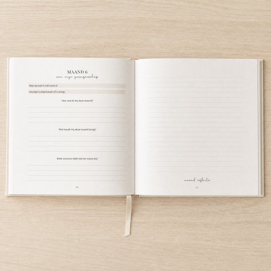 Open zwangerschapsdagboek met secties over de bevalling en het plan. Maand 6 van de zwangerschap.