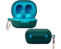Schokbestendige Liquid Silicone Hoes voor JLab JBuds Mini Oordopjes met Carabiner - Bescherming en Draagbaarheid in Groen