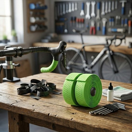 Een werkbank met gereedschap, twee rollen felgroen stuurlint, een flesje en een doek.