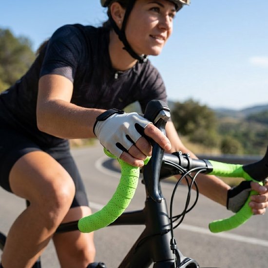 Vrouw op een racefiets met een helm, een sportshirt en handschoenen. Het stuur is omwikkeld met felgroen stuurlint.