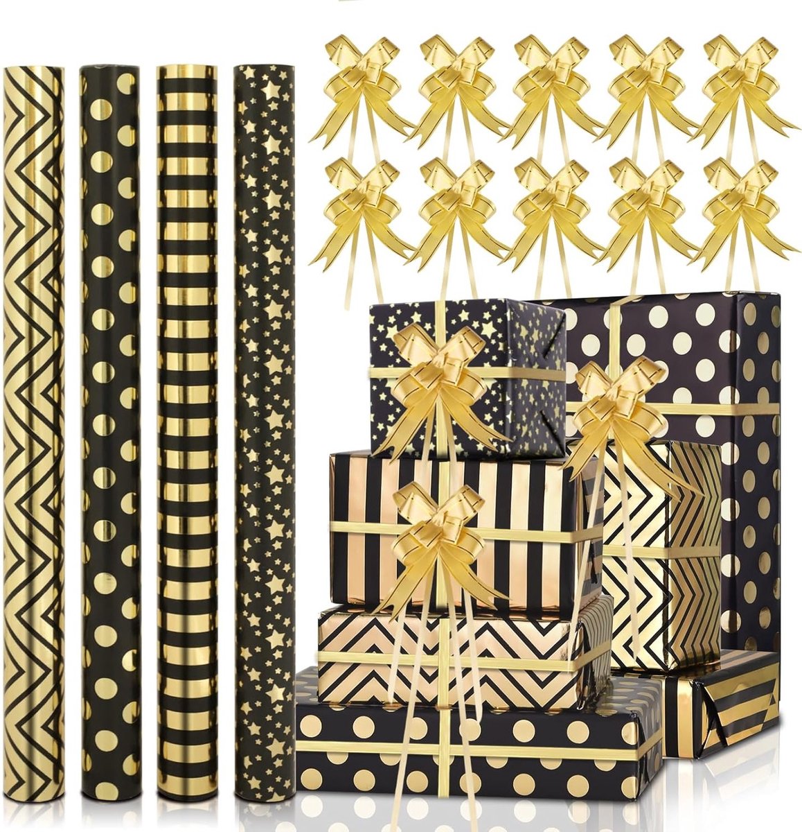 4 Rollen Metallic Cadeaupapier Set van 43cm x 3m voor Verjaardagen en Bruiloften met 10 Stuks Lint, Goud Cadeaupapier voor Kerstmis, Nieuwjaar en Afstuderen