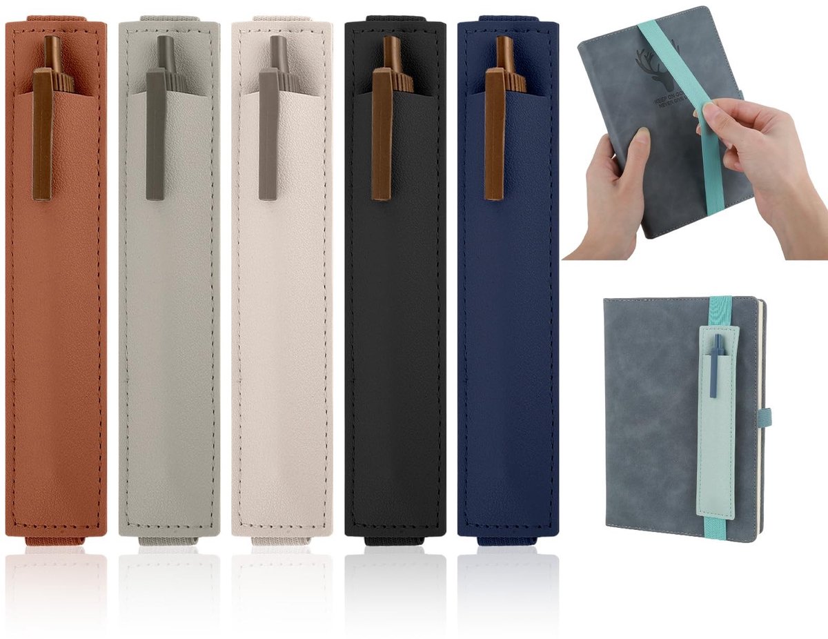 Dailygoody - Penhouder - Verstelbare Band - Kleurrijke PU Lederen Pouch - Zwart/Wit/Blauw/Bruin/Grijs - Geschikt voor Notebooks - 6 Stuks
