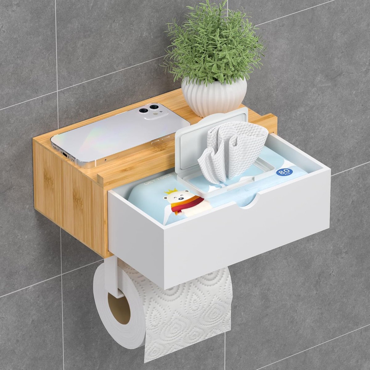 Toiletpapierhouder - Bamboe WC Rolhouder met Opbergbox - 1 Stuk - Zelfklevend of Boren Montage - Voor Badkamer en Toilet Opslag - Naturel Houtkleur