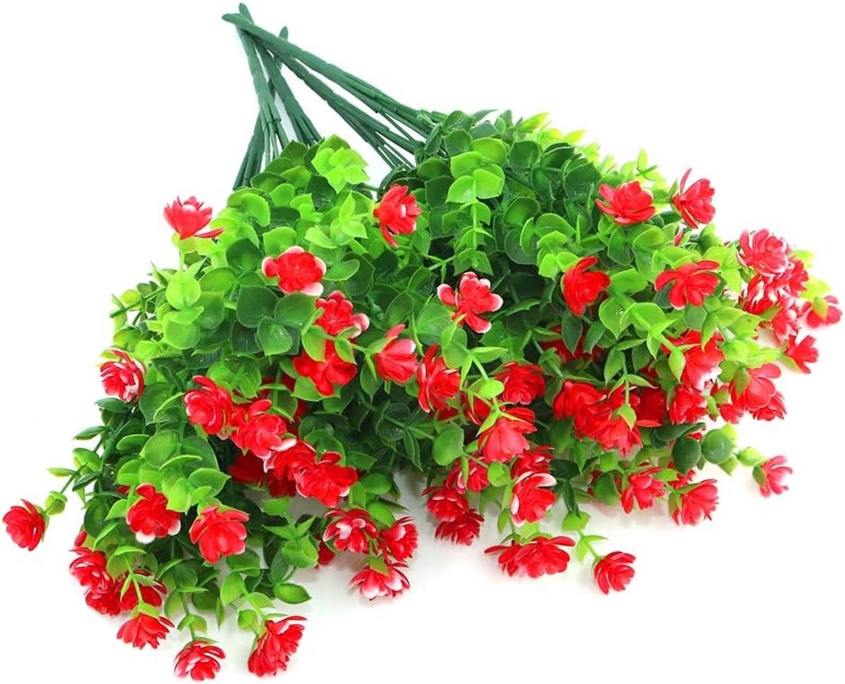Dailygoody - Eucalyptus Plant Bouquet - Kunstbloemen - Rood - Kunststof - Bruiloft Decoratie - Vaas Versiering - 5 Stuks