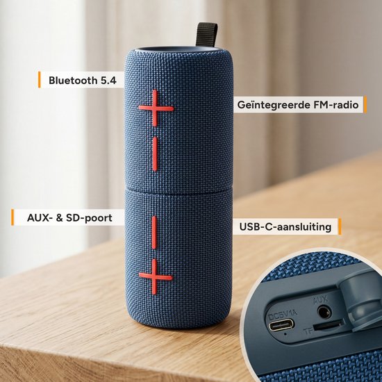 TZS First Austria Bluetooth Speaker 10W - Draadloze TWS Stereo Luidspreker - IPX5, FM-Radio, MicroSD & AUX - USB-C - Blauw van tzs-first-austria — afbeelding 2