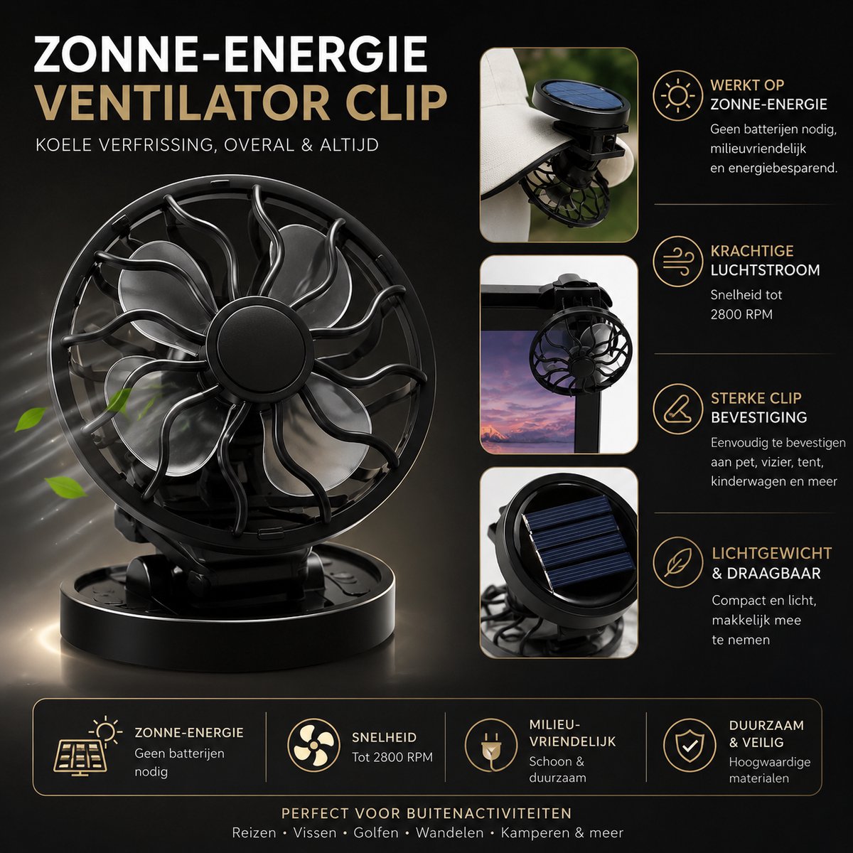 Zolara SolarClip - Zonne-Energie Ventilator – Draagbare Ventilator - Verkoeling - Afkoelen - Zomer - Duurzaam