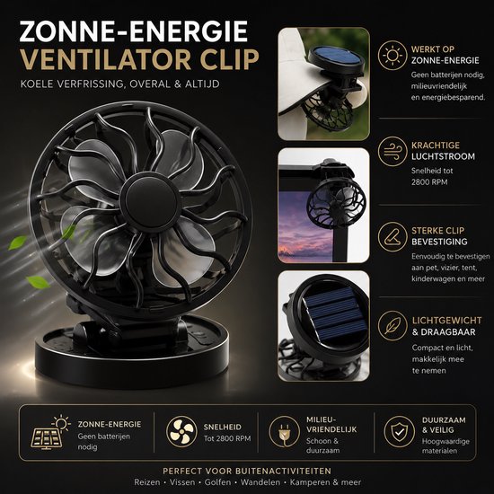 Zonne-energie Clipventilator Zolara SolarClip – Draagbare, Lichtgewicht Ventilator voor Outdoor Koeling
