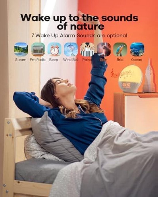Wekker met Zonsopgang Simulatie - Digitale Klokradio Waklampa - Zacht Wakker Worden - 20 Helderheidsniveaus - 1 Stuk - Wit — afbeelding 4