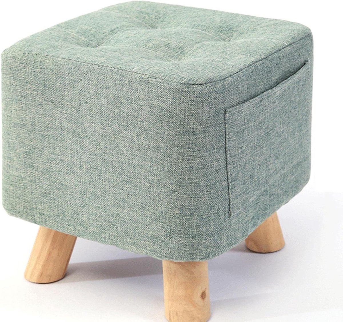Voetsteun Ottoman - Voetkruk Poef - Ontspanning Comfort - Linnen Textuur Houten Poten - 28x28x31cm - Mintgroen