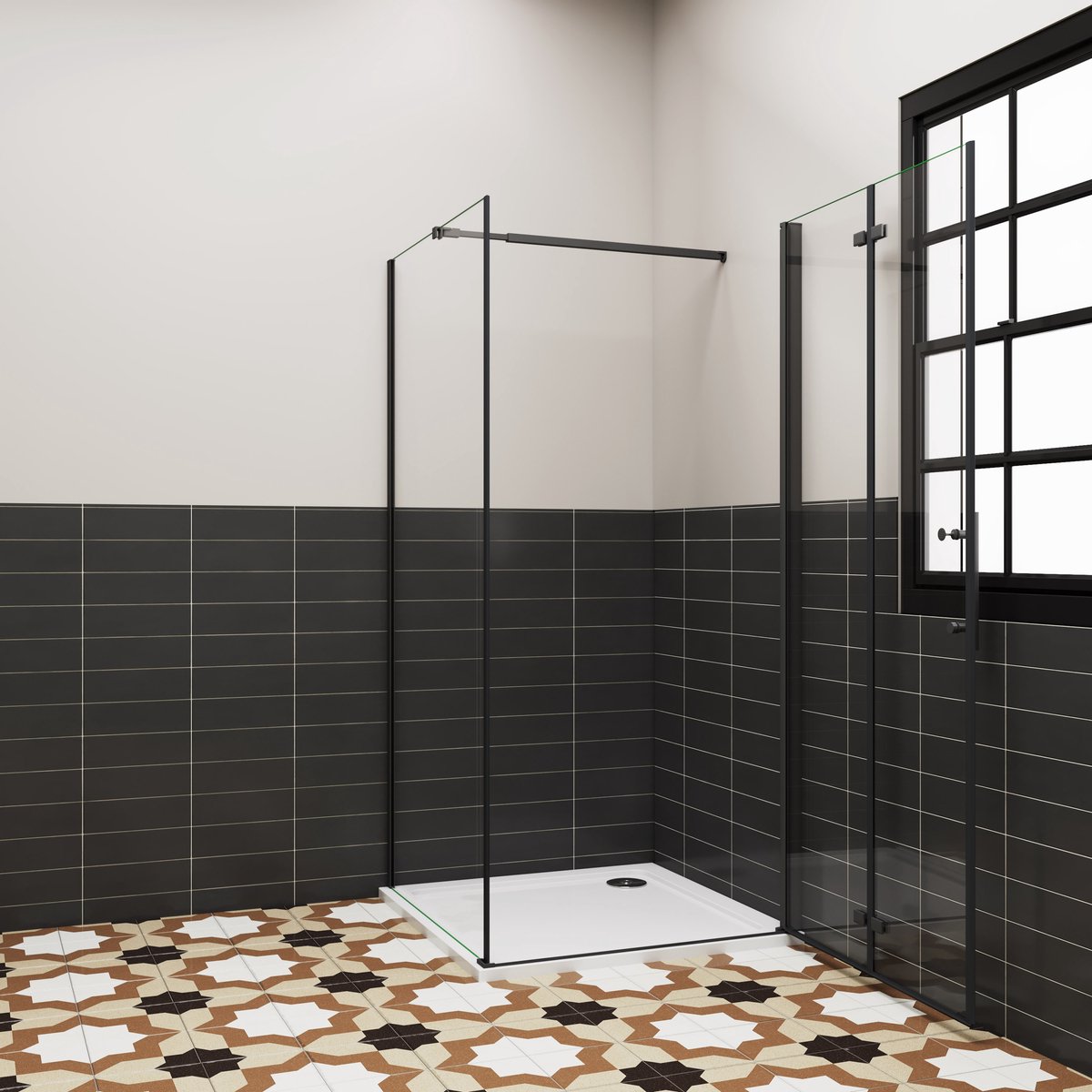 Aica douchecabine 110x76x195cm vouwdeur en vaste zijwand 6mm helder EasyClean veiligheidsglas mat zwarte aluminium frame stabilisatiestang 73-120 cm incl. douchebak