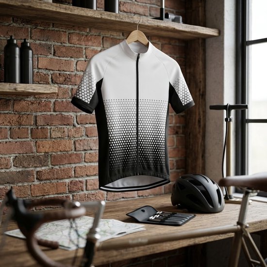 Wit zwart sport wielren shirt heren korte mouw fiets jersey met rits ademend sneldrogend vochtafvoerend stretch MTB fietsshirt wielrennen racefiets maat L — afbeelding 2