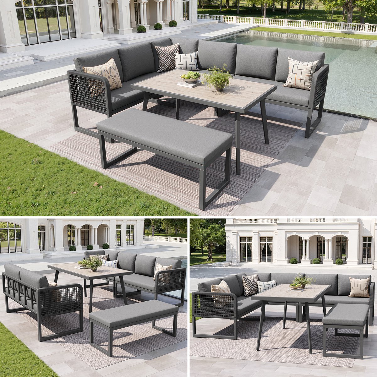 Modulaire Tuinset 6-8 pers. - Grijs - Handgeflochten PE-Rattan - Extra Dikke Kussens - Spatwaterbestendig