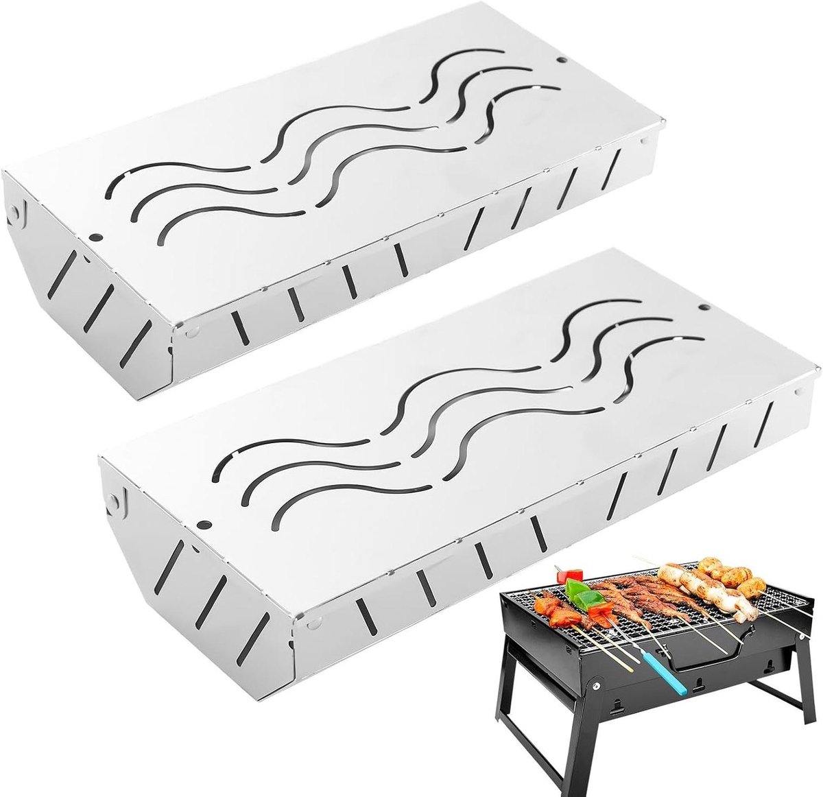 BBQ Rookoven - Rookbox Vlees - Rokerige Smaak Toevoegen - Scharnierend Deksel - 2 stuks - Zilver
