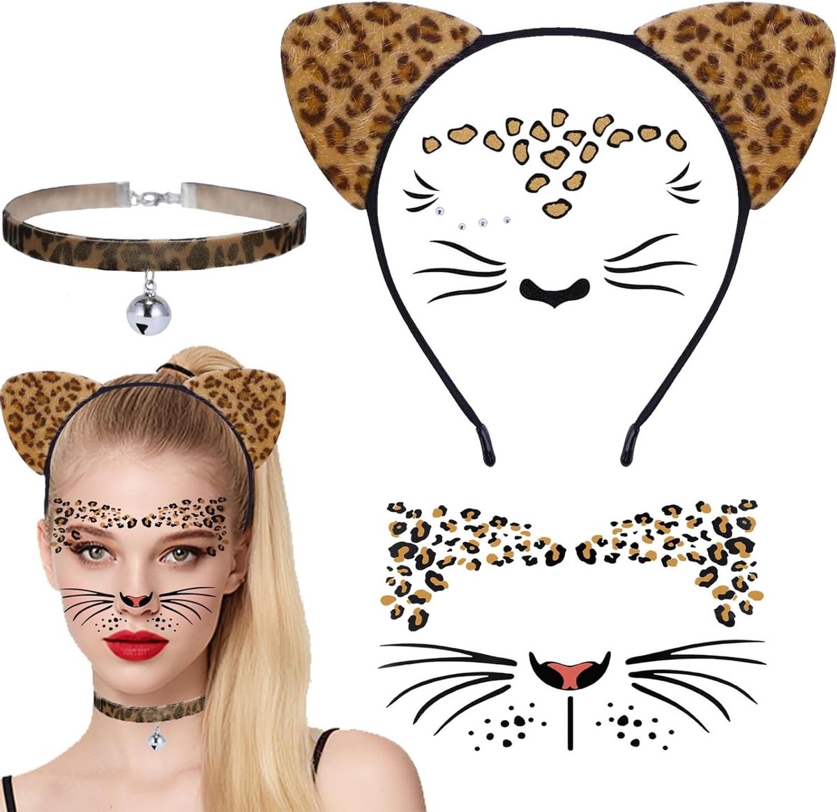 Leoparden Oorhangers en Haarclips Set voor Carnaval, inclusief Face Tattoo en Kostuumaccessoires voor Cosplay